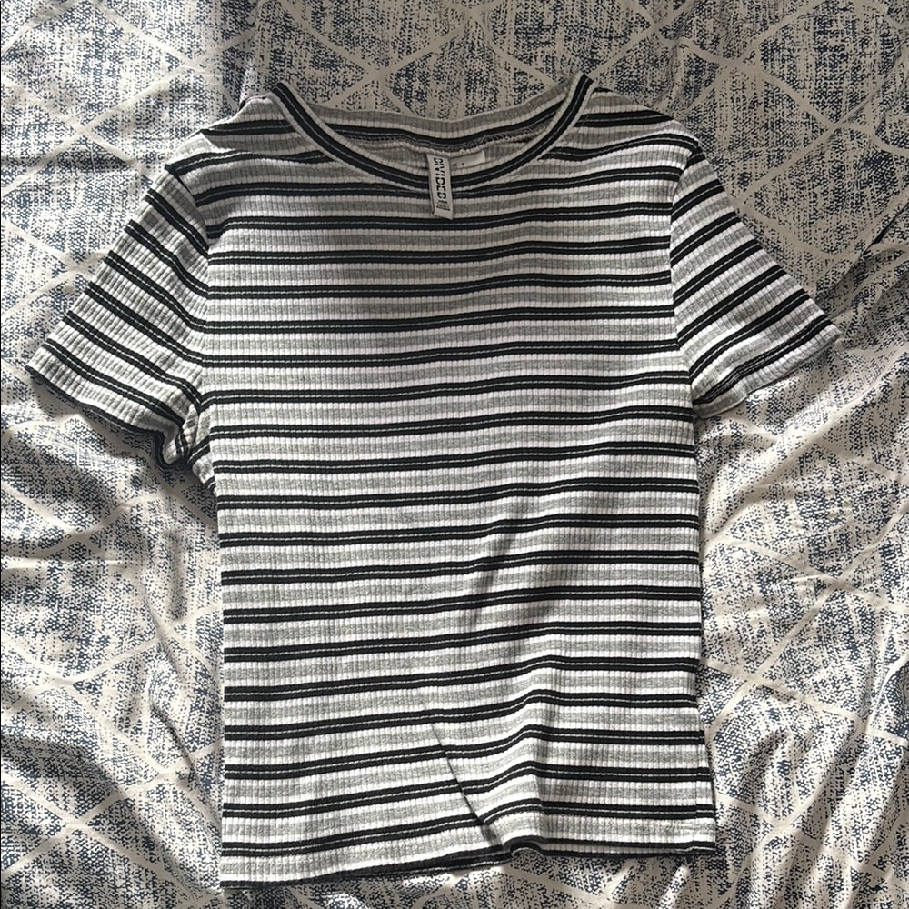 Divided Black & White Striped Ribbed Short Sleeve Tee